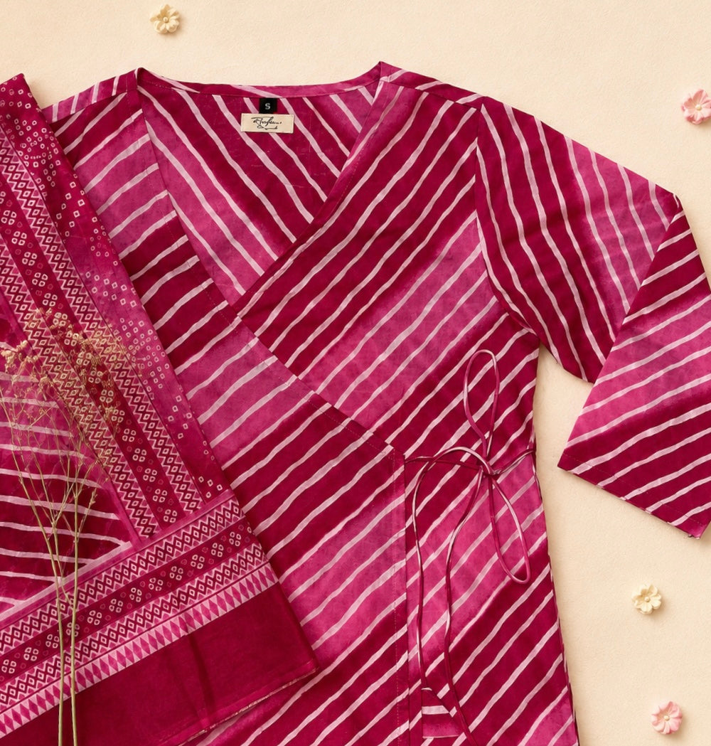 Pure Cotton Angrakha Kurta Set in lehriya print for Women Comfortable | Elegant | Everyday Wear
