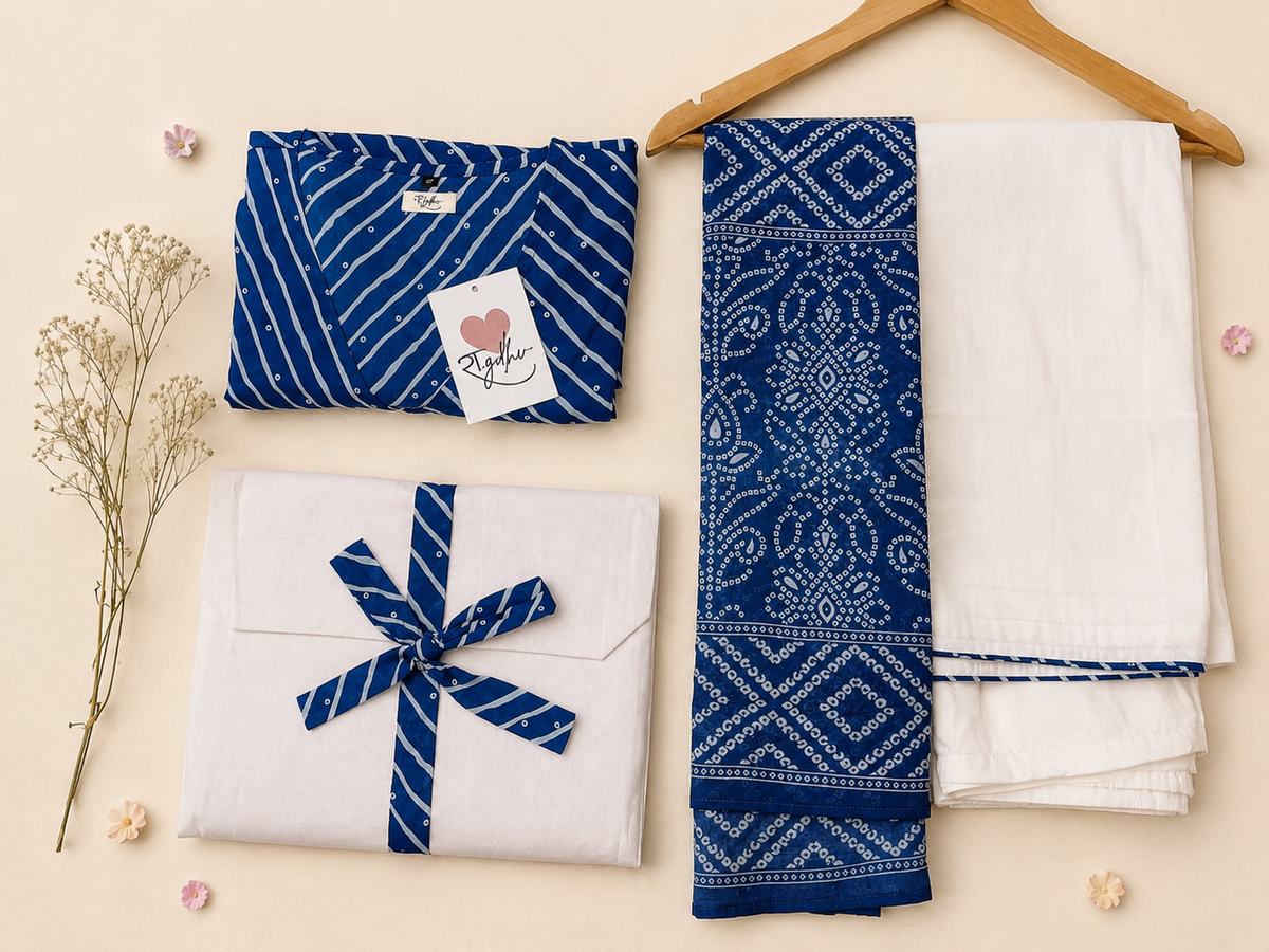 Pure Cotton Angrakha Kurta Set in Lehriya Print for Women Comfortable | Elegant | Everyday Wear